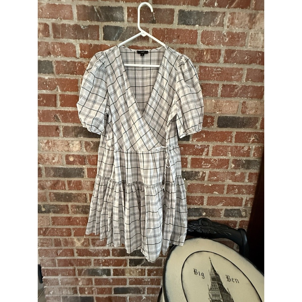 J.Crew Puff-sleeve cotton voile wrap dress in oyster plaid, M,GRAY,